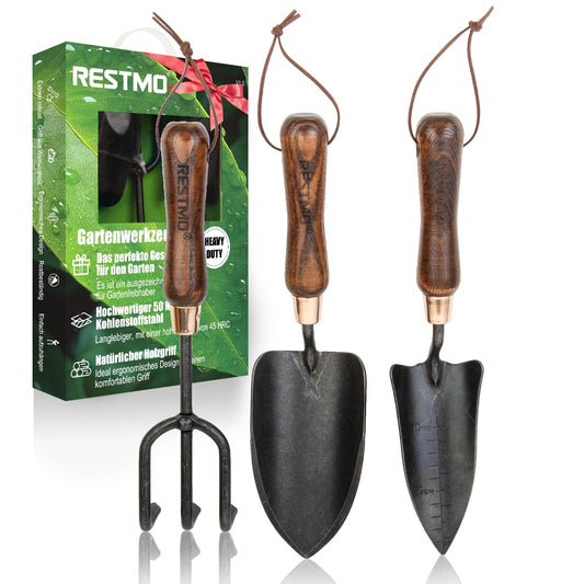 RESTMO 3-teiliges Gartengeräte-Set, Gartenwerkzeuge aus Kohlenstoffstahl mit Holzgriff, inklusive Gartenschaufel, Pflanzkelle und Gartenkralle, Geschenk für Gartenliebhaber