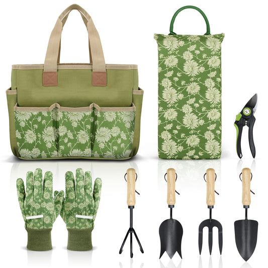 Colwelt Gartengeräte-Set, 8-teilig, Gartengeräte mit Holzgriff, einschließlich Gartentasche, Kniepolster, Handschuhe, Gartenschere, Kelle, Tulpenkelle, Grubber – Gartengeschenke für Damen und Herren