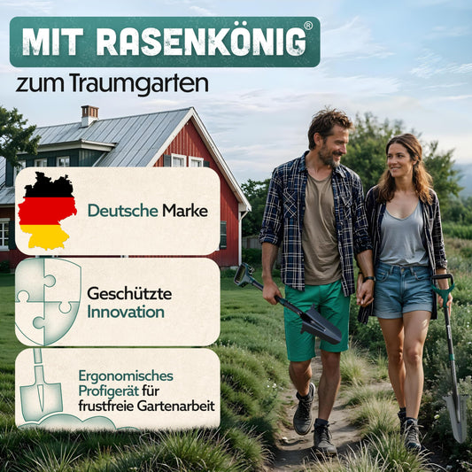 RASENKÖNIG Spaten mit Wurzelsäge Pro [Massivstahl] Wurzelspaten für die Gartenarbeit | mit 20 Sägezähnen, ergonomischem Griff & breiter Trittkante | Stabiler Gartenspaten für leichteres Graben