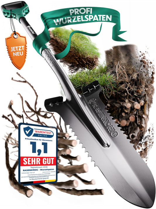 RASENKÖNIG Spaten mit Wurzelsäge Pro [Massivstahl] Wurzelspaten für die Gartenarbeit | mit 20 Sägezähnen, ergonomischem Griff & breiter Trittkante | Stabiler Gartenspaten für leichteres Graben